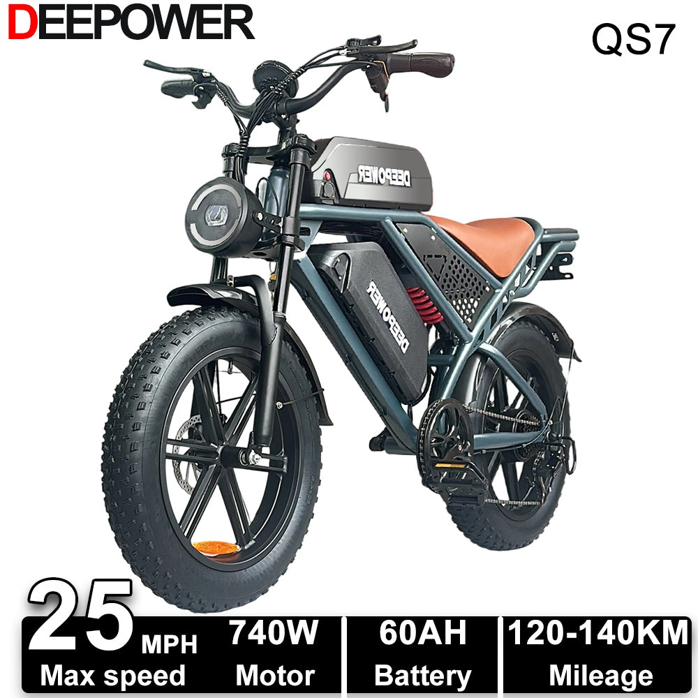 Deepower Electric Bike QS7 740W 48V 20AH/35AH/60AH 20 Inch Fat Tire Adult Electric Bike 80 Miles Range Mountain Cross Country Dual Battery Electric Bike