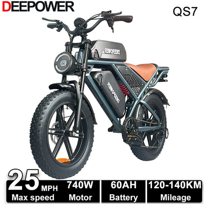 Deepower Electric Bike QS7 740W 48V 20AH/35AH/60AH 20 Inch Fat Tire Adult Electric Bike 80 Miles Range Mountain Cross Country Dual Battery Electric Bike