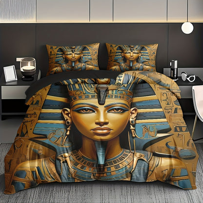 Pharaoh Theme Duvet Cover Set - Soft High-Definition Digital Print, Egyptian Style Golden And Blue, All-Season, Soft Breathable 100% Polyester, Perfect Gift For Family And Friends, Machine Washable, Includes 1 Duvet Cover + 2