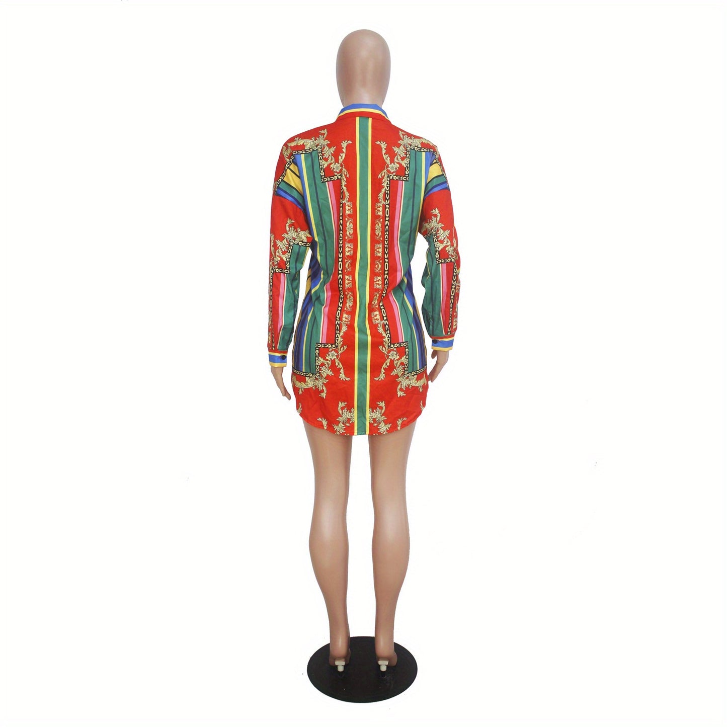 Ladies' Casual Shirt Dress with Colorful Striped Long Sleeved Shirt Dress