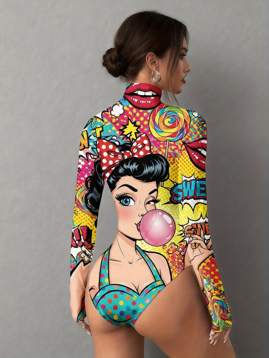 New Women's Pop Art Candy Print High Neck Long Sleeve Jumpsuit, Allover Print Romper Jumpsuit, Fitted Long Sleeve Jumpsuit, Elegant Winter Shapewear for Fall & Winter