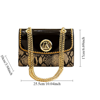 Stylish Black Snake Pattern Crossbody Bag for Women with Golden-Tone Hardware & Chain Strap - Elegant Glossy Finish, Zip Closure, Polyester Lining, Perfect for Casual or Formal Occasions