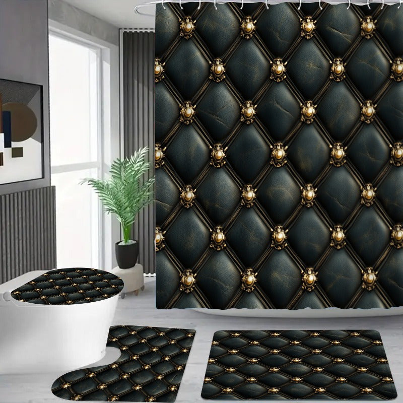 Set of 4 Luxurious Black And Golden Shower Curtains Featuring an Intricate Button Design - Comes with a U-Pad, Cover Cap, And Two Hooks - Made from Polyester, Measuring 31.5X31.5inch, Perfect for Elegant Bathroom Decor, Styli