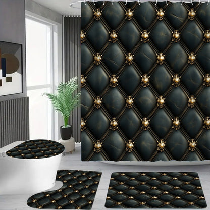 Set of 4 Luxurious Black And Golden Shower Curtains Featuring an Intricate Button Design - Comes with a U-Pad, Cover Cap, And Two Hooks - Made from Polyester, Measuring 31.5X31.5inch, Perfect for Elegant Bathroom Decor, Styli