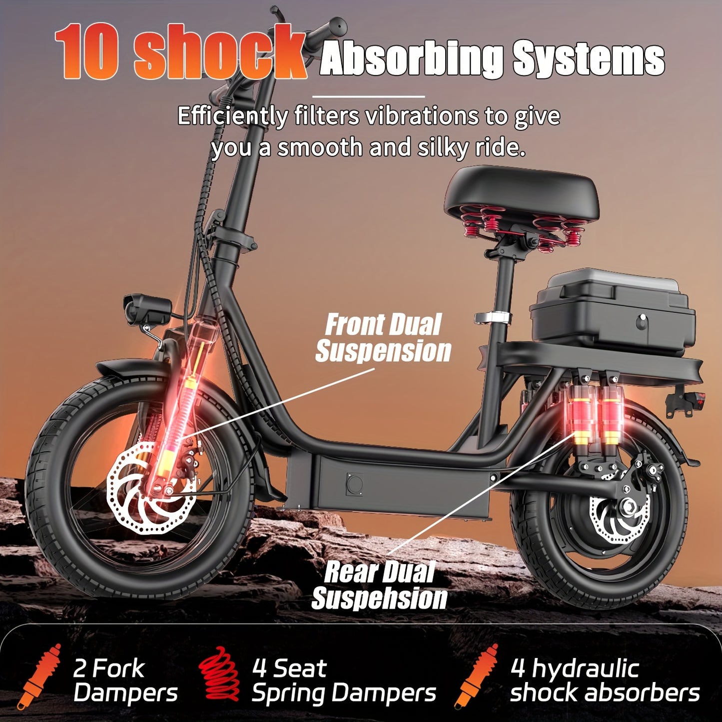 Peak Power 740W Adult Electric Scooter with Seat, 48V10/15AH Lithium Battery, 10 Shock Absorption, 14-Inch Tubeless Protective Tires, Dual Disc Brakes