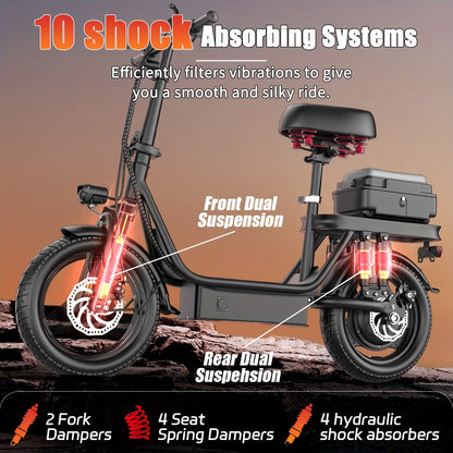 Peak Power 740W Adult Electric Scooter with Seat, 48V10/15AH Lithium Battery, 10 Shock Absorption, 14-Inch Tubeless Protective Tires, Dual Disc Brakes