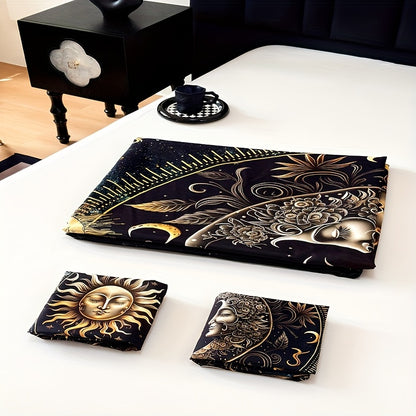3pcs Duvet Cover Set, Polyester 90g Woven, Digital Printed Golden Sun Moon Planet Pattern, Machine Washable, All-season for Home Dormitory, 1 Duvet Cover + 2 Pillowcases (No Insert)