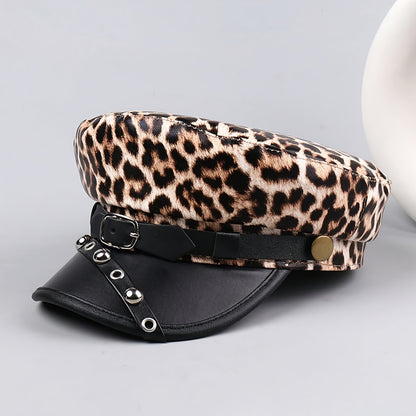 Women's Punk Vintage Distressed PU Leather Beret Newsboy Cap with Metal Rivets & Leather Buckle - Leopard Print (Black/Pink) Navy Blue, Golden-Tone Hardware, Lightweight Structured Fit for Graduation, Themed Parties & Everyda
