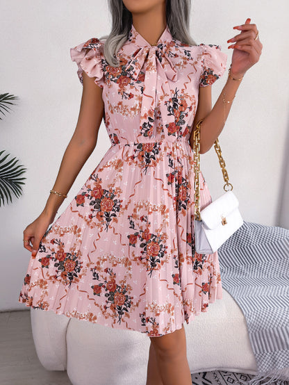 Women'S 2026 Spring Summer Elegant Floral Tie Waist Maxi Flare Pleated Dress | Lightweight, Breathable, Soft, Comfortable, Versatile, Casual Party Dating Daily Going Out Dress, Sleeveless, Crew Neck, Regular Fit
