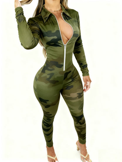 Women's Elegant Sexy Full-Body Print Jumpsuit - Long Sleeve Collar Zipper Front -Pant Outfit, All-Season Party Wedding Guest Special Occasion Attire, Machine Washable
