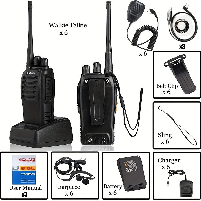 6pcs Walkie Talkie, Professional Two-Way Radios, Long Range UHF Communicator for Adults, Rechargeable Battery, Handheld 6pcs Walkie Talkie Set with Earpiece, Family Restaurant