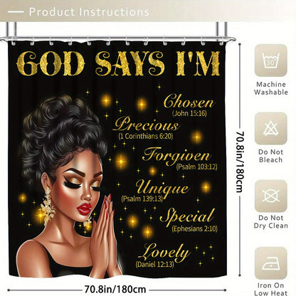 4pcs God Says I Am Bathroom Shower Curtain Sets, Praying African American Woman Shower Curtain Sets With Rugs, Inspirational Quotes Shower Curtain Set, With 12 Hooks, Bath Mat, U-shaped Bath Mat And Toilet Seat Cover, Decorat