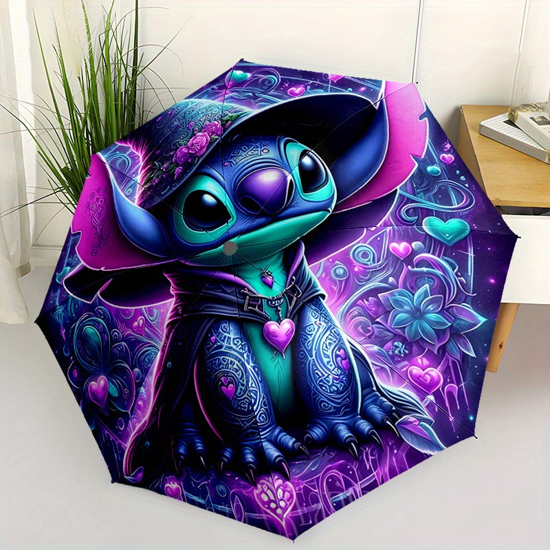 Stitch Night 2 Automatic Umbrella with Stitch Design - Auto Open/Close, Compact Folding Umbrella, Sturdy 8-Rib Iron Frame, Portable Travel Umbrella for Women/Men, Cute Stitch Character Accessory for Fans, Everyday & Special E