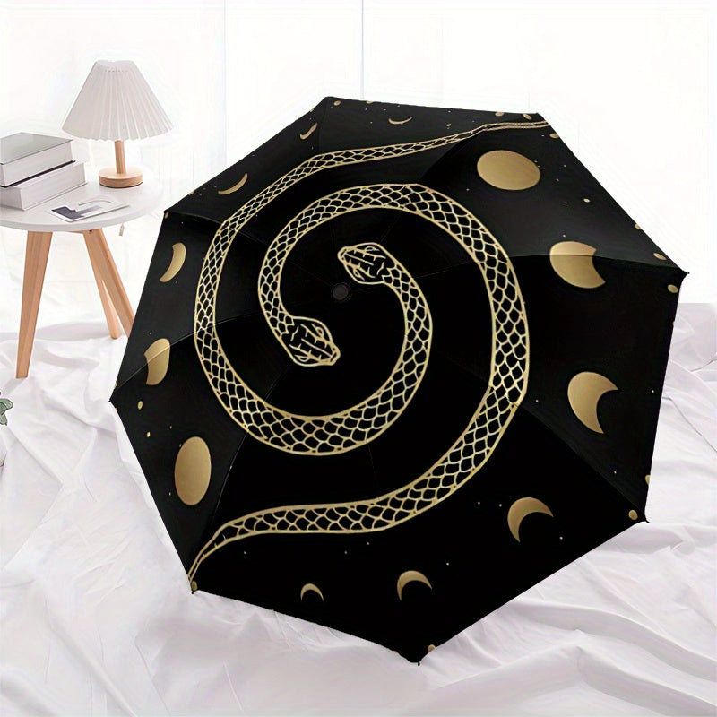 1pc Automatic Open/Close Umbrella with One-Touch Button, Folding Compact Travel Umbrella, Sturdy 8-Rib Canopy, Lightweight Portable Design, Elegant Black & Golden serpent & moon phases pattern - Windproof for Commuting, Forma