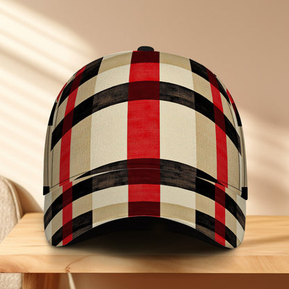 1pc Plaid Pattern in Beige and Red Print Classic Baseball Cap | Lightweight Adjustable Duckbill Hat, Perfect for Daily Wear, Comfortable Fit for Dates, Fiber, Hand Wash or Professional Dry Clean