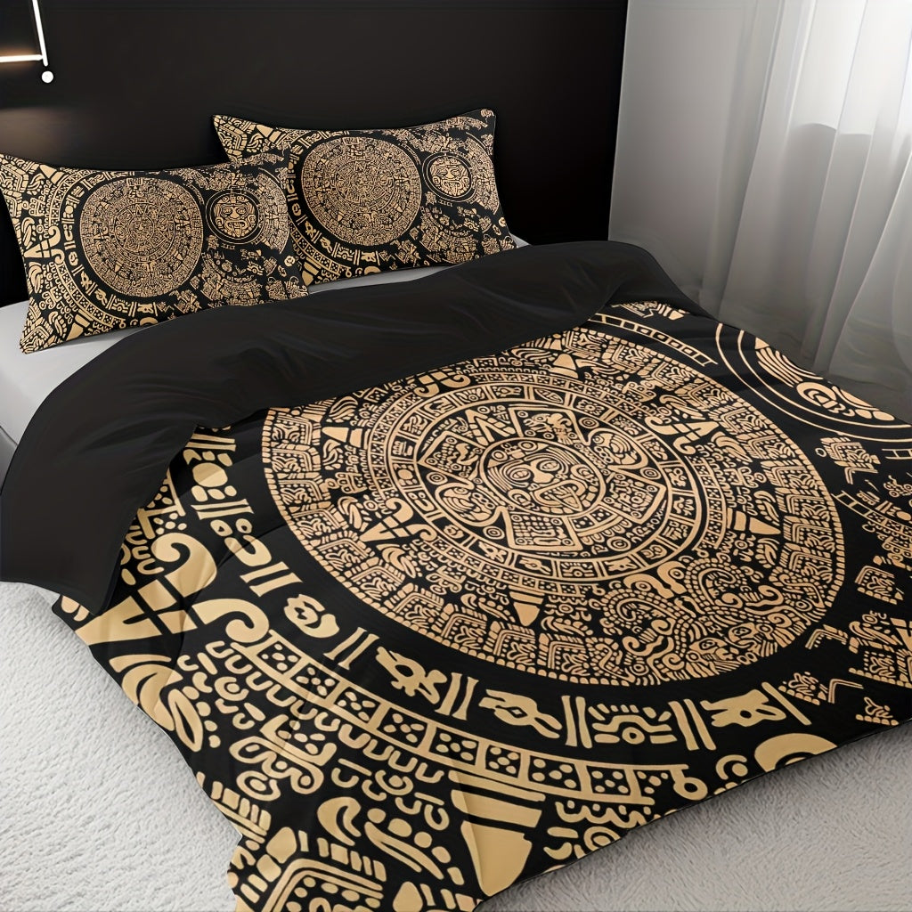 3pcs Comfortable Retro Mayan Civilization Theme Duvet Cover Set, Soft High-Definition Digital Print, Black And Golden Design, All-Season, Family And Friends Gift, Machine Washable (1 Duvet Cover + 2 Pillowcases, No Filling)