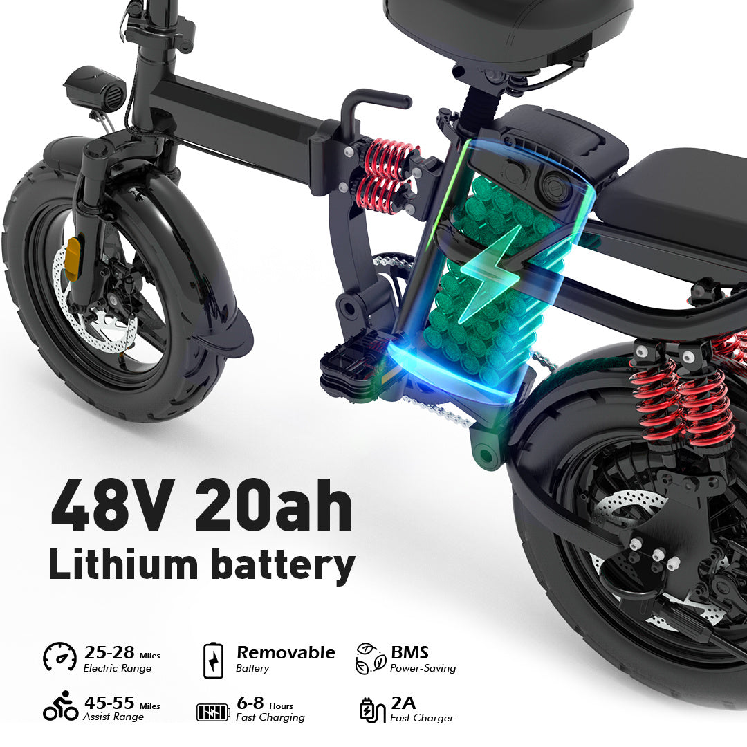 M1 Electric Bike For Adults,32 Miles Range,700W peak motor,20MPH Speed, 48V 20Ah Removable Battery, Dual Disc Brakes, Front And Rear Suspension & Commuter EBike, 14'' all-purpose tire, LCD Mileage Display
