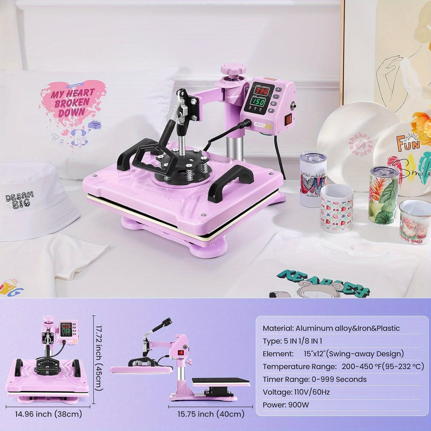 15x15 Inch 5-in-1 Set Heat Press Machine for Everything Transfers, Swing Away Press Machine for T Shirt, Bags, Pillows, Plates(6" And 8"), Tumblers, Mugs, Cups, Hats And Caps(5.5"x3") - Hat Heat Press - 3in 1 Can Only Press H