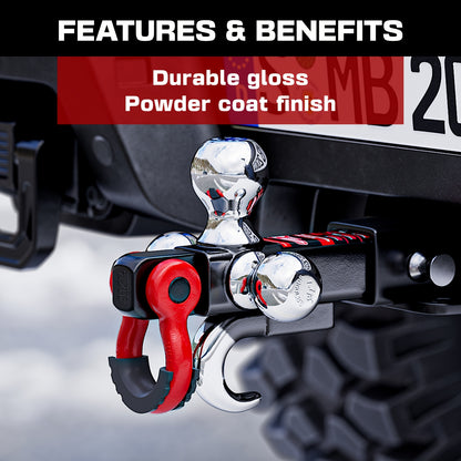 Ayleid Tri-Ball Trailer Hitch Mount with Rotatable Hook & Pin - Includes 3 Replaceable Balls (1-7/8", 2", 2-5/16") - Fits 2" Receiver for Secure Towing, Red Handle & Black Metal Construction