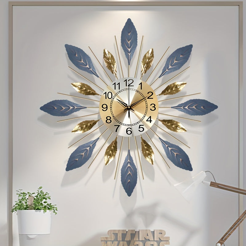 1pc Large Modern Metal Wall Clock 21.6 Inch - Silent Non-Ticking Modern Square/Rectangular Design with Golden-Toned Hands & Blue Leaf Face, White Numerals - Elegant Large Wall Clock for Living Room, Bedroom, Home Decor in Gol