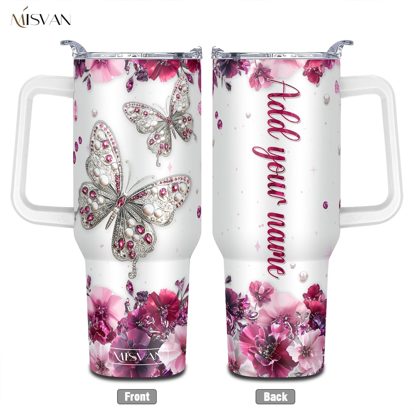 1pc Customized Name Stainless Steel Tumbler | 20oz/22oz/40oz Insulated Water with Lid, Reusable, Round Shape, 304 Stainless Steel, Ideal for Easter, Thanksgiving, Father'S Day, Mother'S Day, Graduation, White Diamond Butterfl