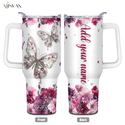 1pc Customized Name Stainless Steel Tumbler | 20oz/22oz/40oz Insulated Water with Lid, Reusable, Round Shape, 304 Stainless Steel, Ideal for Easter, Thanksgiving, Father'S Day, Mother'S Day, Graduation, White Diamond Butterfl