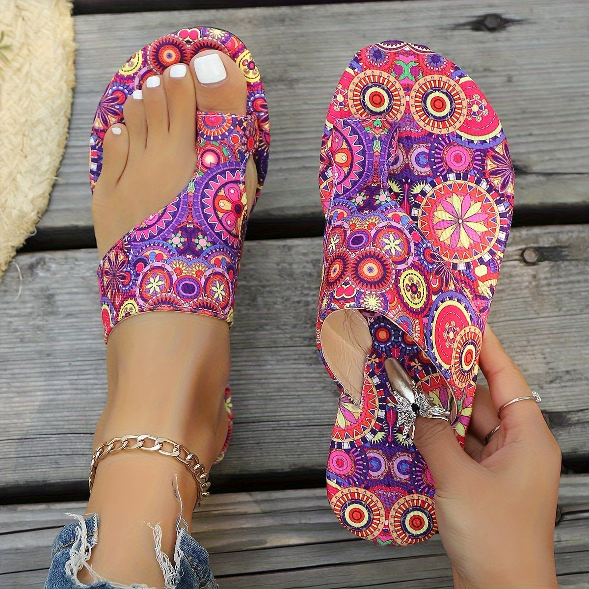 Women's Bohemian Floral Slide Sandals - Slip-On Open Toe Summer Shoes with Pink, Lightweight Flat Sandals for Beach, Casual Outfits - Easy Slip Closure & Non-Slip PU Sole, Beach Footwear
