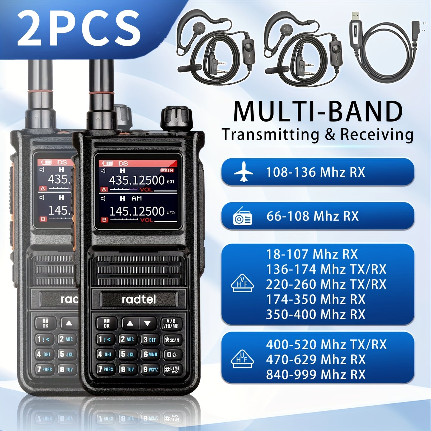 Radtel RT-470X JC-8810 Tri-Band Radio Walkie Talkies 256CH Aviation Air Band Two Way Radio NOAA Marine Long Range Handheld Transceiver USB-C, Wireless Copy Frequency