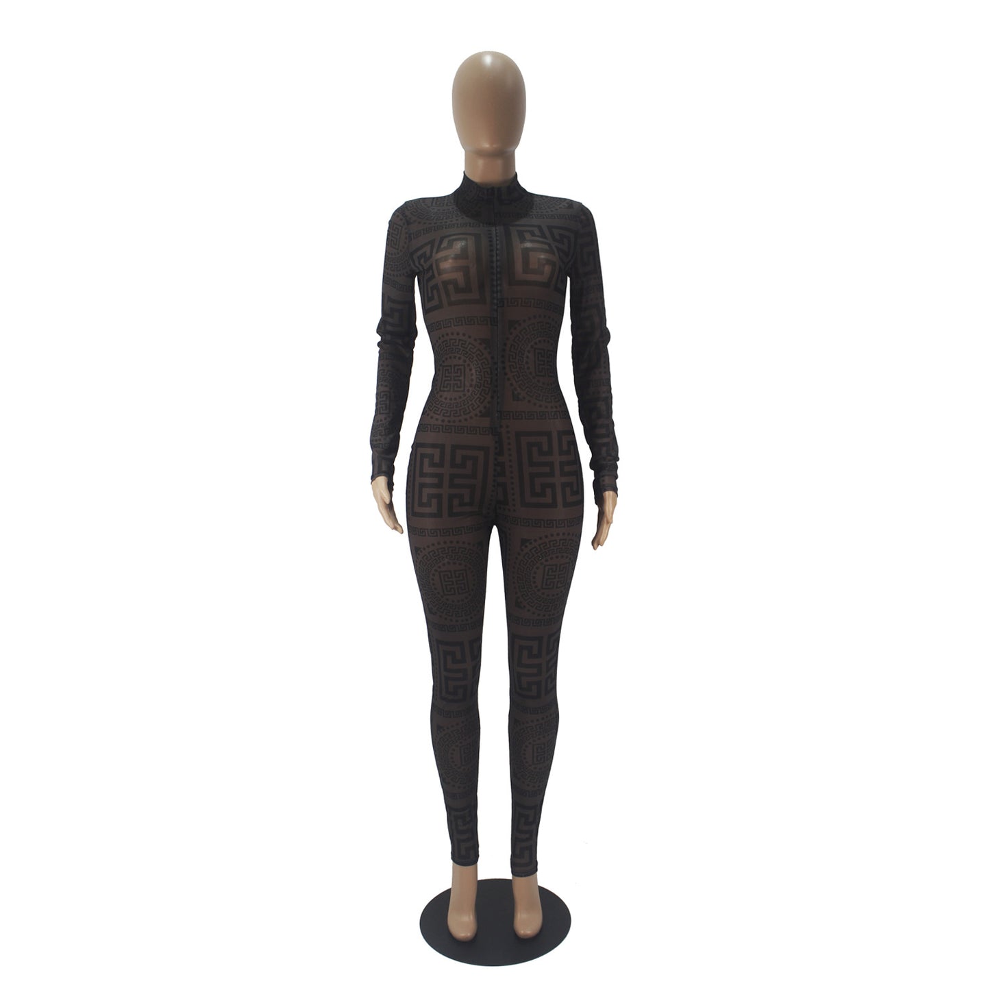 Women's Sexy Sheer Mesh Jumpsuit - Long Sleeve High Neck Bodysuit - Semi-Sheer Transparent Outfit (S-XXL) - Machine Washable All-Season Wear for Parties - Fashion Events - Tight-Fitting Lingerie Suit