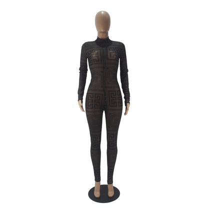 Women's Sexy Sheer Mesh Jumpsuit - Long Sleeve High Neck Bodysuit - Semi-Sheer Transparent Outfit (S-XXL) - Machine Washable All-Season Wear for Parties - Fashion Events - Tight-Fitting Lingerie Suit