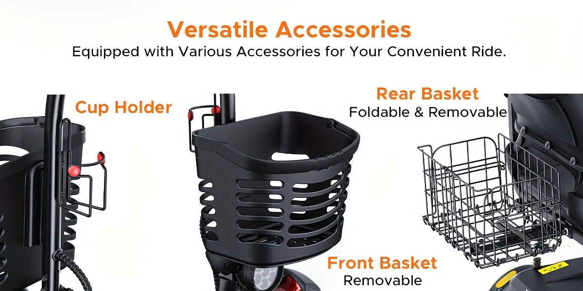 New 4-Wheel Mobility Scooter, 250W Motor, 5.6MPH Speed, 24V 12AH Battery, Solid 8"x3" Tires, Rearview Mirrors, Dual Baskets, Foldable & Adjustable Design, Easy To Control, Ideal For Daily Use And Outdoor Adventures, Red