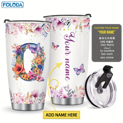 Foloda 1pc Personalized Flower Initials Tumbler Christmas Gift 20oz Mug with Letter Flower Butterfly, Travel Cup for Wedding Birthday Graduation Party, Birthday Valentine's Day Mother's Day Gifts Stainless Steel Mug with Lid