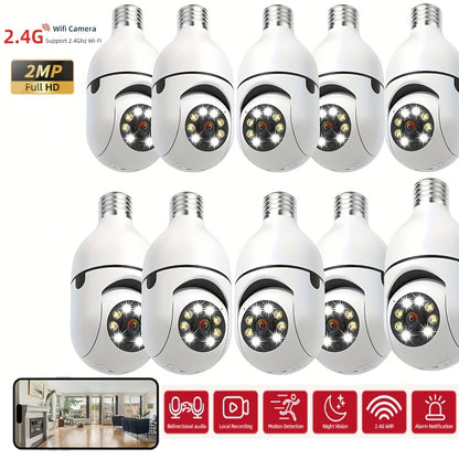 10pcs FHD 2MP Wireless Light-Bulb Security Camera, Work With 2, 4ghz WiFi, Motion Auto Tracking, 2 Way Audio, Spotlight Night Vision, E27 Screw-in CCTV Camera