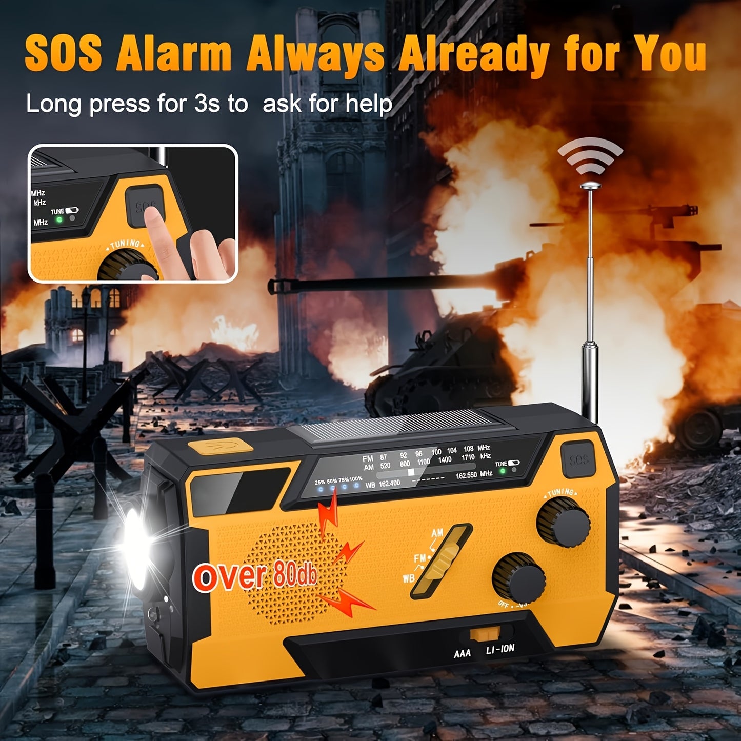 Portable Emergency Radio AM/FM/NOAA Weather Radio, 7400mWh Lithium Battery With Power Bank, Hand Crank And Solar Charging, SOS Alarm, Flashlight For Emergency