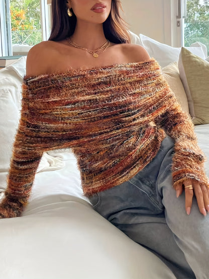 Elegant Long-Sleeve T-Shirt for Women with Off-Shoulder Design And Pleated Details, Perfect for Autumn And Winter Outings.