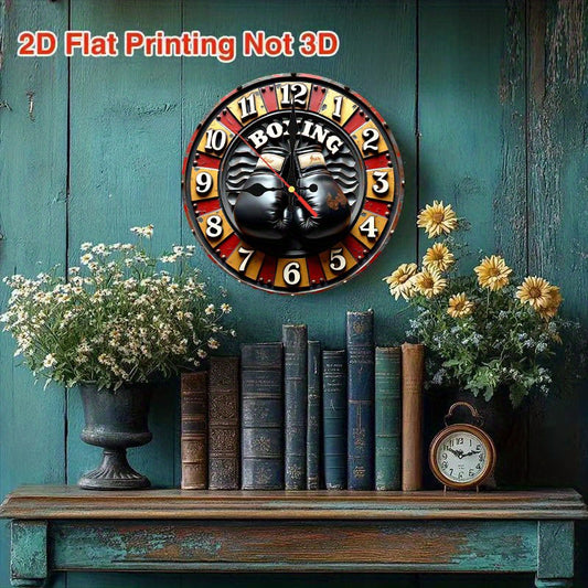 10 Inch Vintage Boxing Glove Wall Clock - Silent Quartz Movement, 2D Flat Print Retro Boxing Design with Red & Gloves, Faux Wood Round Clock for Home Gym, for Cave, Sports-Themed Decor - Battery-Powered (AA Not Included) - Du