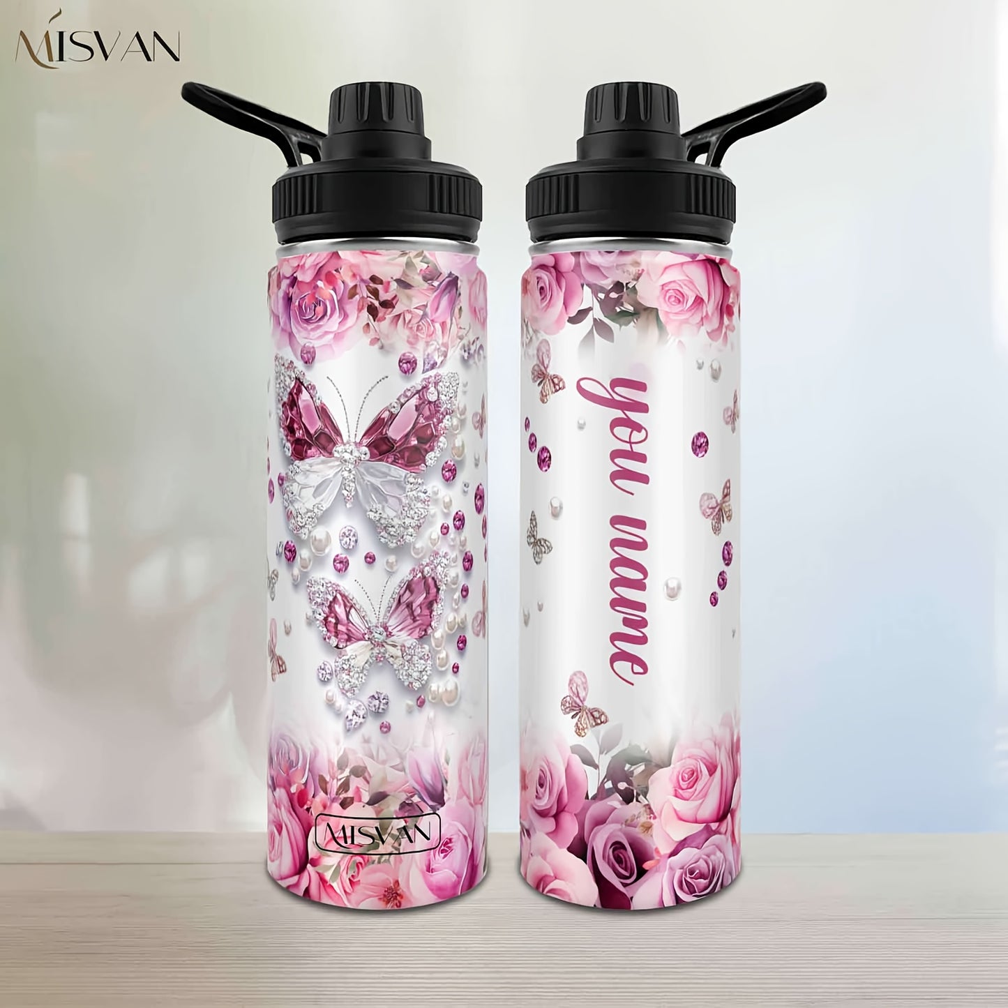 1pc Customized Name Stainless Steel Tumbler | 20oz/22oz/40oz Insulated Water with Lid, Reusable, Round Shape, 304 Stainless Steel, Ideal for Easter, Thanksgiving, Father'S Day, Mother'S Day, Graduation, White Diamond Butterfl