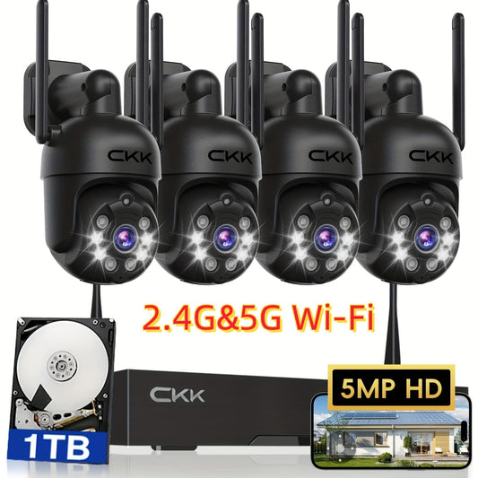 4pcs 5MP PTZ Cameras with Floodlight, Color Night Vision, Motion Sensor & Alarm - 360° View, 3K Wireless Surveillance System, WiFi Camera, NVR, 24/7 Recording