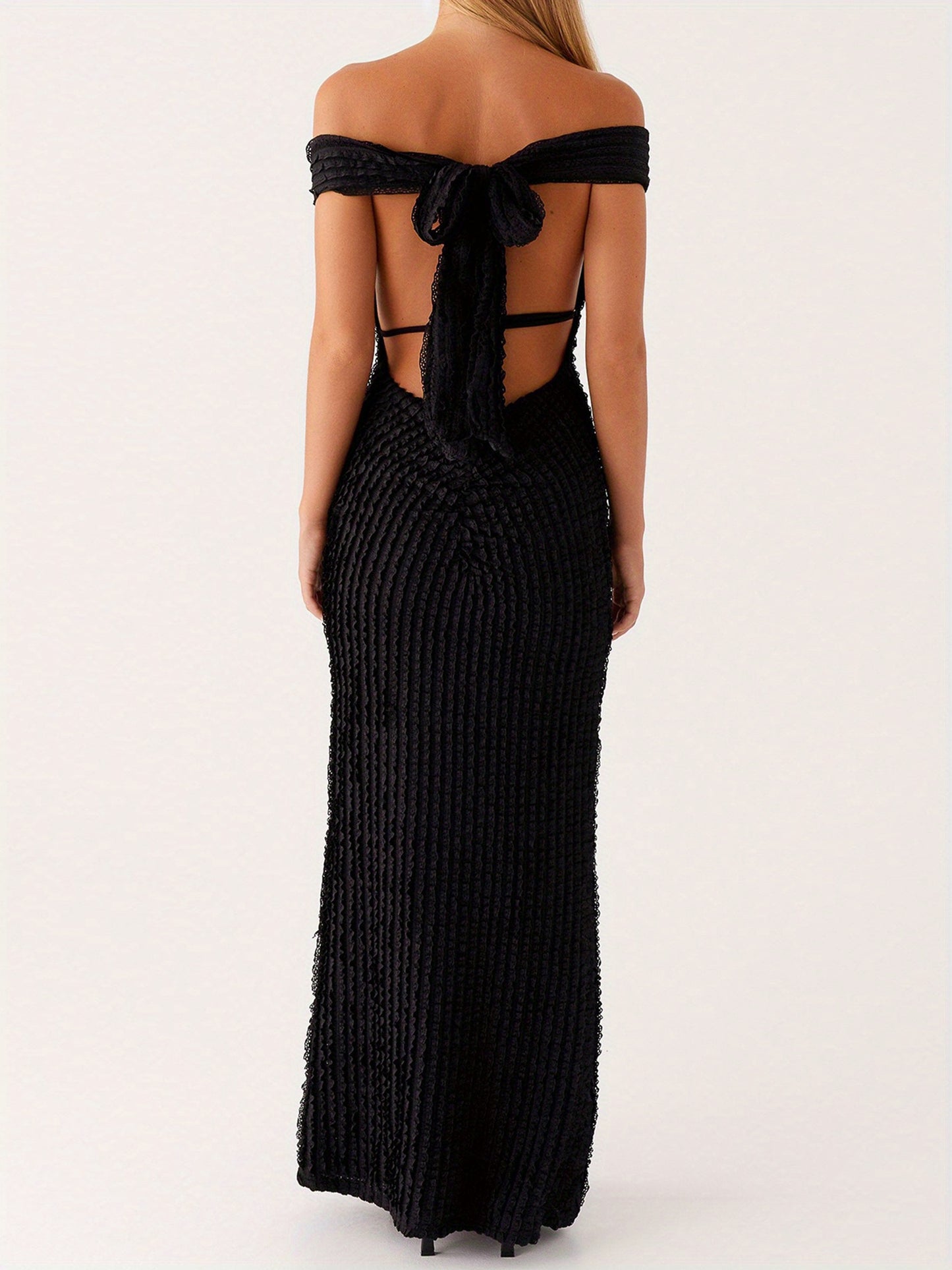 Women's Elegant Off-Shoulder Bodycon Maxi Dress - Formal Party Wedding Gala Evening gown with Tie Back Neckline, Machine Washable Long Dress for Women - Party, Wedding, Formal Events, Dresses for Wedding Guest