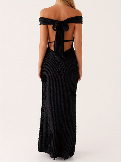 Women's Elegant Off-Shoulder Bodycon Maxi Dress - Formal Party Wedding Gala Evening gown with Tie Back Neckline, Machine Washable Long Dress for Women - Party, Wedding, Formal Events, Dresses for Wedding Guest