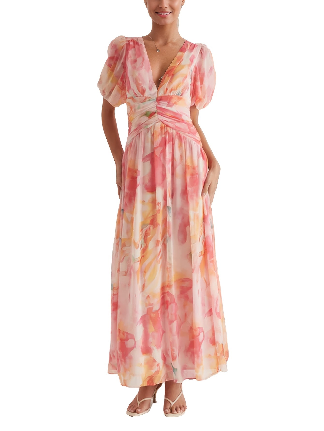 A Women'S Dress Featuring a Long Chiffon Skirt with a V-Neck And Short Sleeves, Designed with a High Waist And Print, Perfect for a Stylish And Refreshing Date Party Look