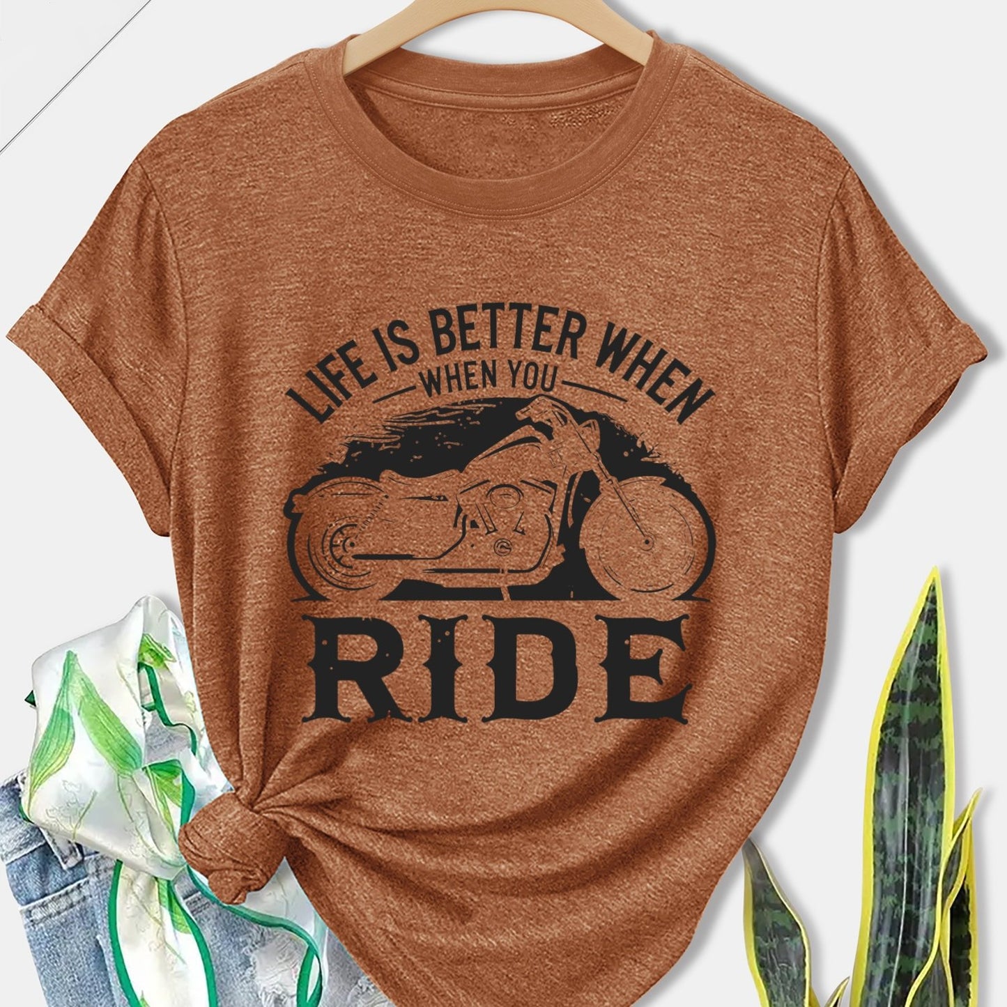Women'S Motorcycle Graphic Long Sleeve T-Shirt - Turquoise Riding Slogan Print, Loose Fit Casual Top with Round Neck, All-Season Comfort for Motorcycle Enthusiasts, Outdoor Riding & Casual Attire, Breathable & Durable Apparel