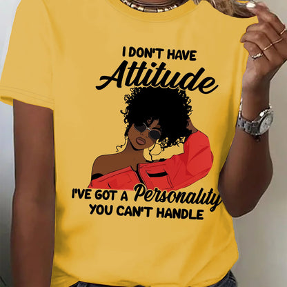 Women's "I Don't Have Attitude" Slogan Graphic T-Shirt - Vibrant Red Short Sleeve Crew Neck Casual Top with Bold Text & Fashion Glasses Design, Machine Washable All-Season Comfort Fit Tee, Fashionforward Look, Durable Fabric