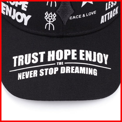 2pcs Baseball Cap & Mask Set - "Trust Hope Enjoy" Inspirational Print, Black with White Text, Adjustable Snapback, Breathable Mesh Back, Perfect for Sports & Casual Wear, Casual Headwear | Trendy Baseball Cap | Comfortable Fi