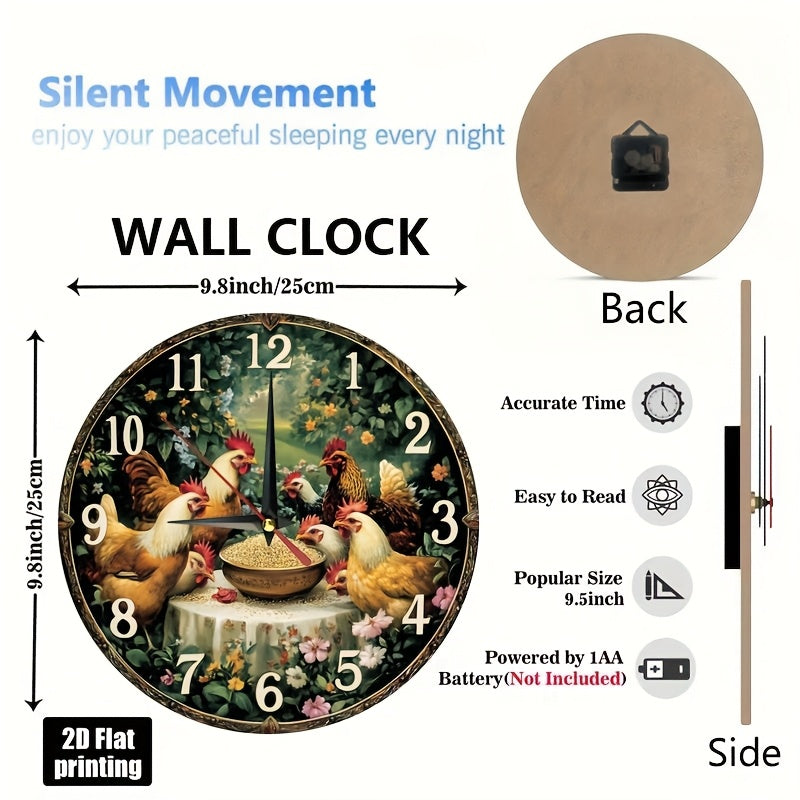 Farmhouse Chicken Rooster Wall Clock - Silent Non-Ticking Round Farm Decor with Golden Hands, Rustic Kitchen, Living Room, Bedroom Decoration - Easy-to-Read Large Numbers - Battery Operated (AA Not Included) - Durable Artific