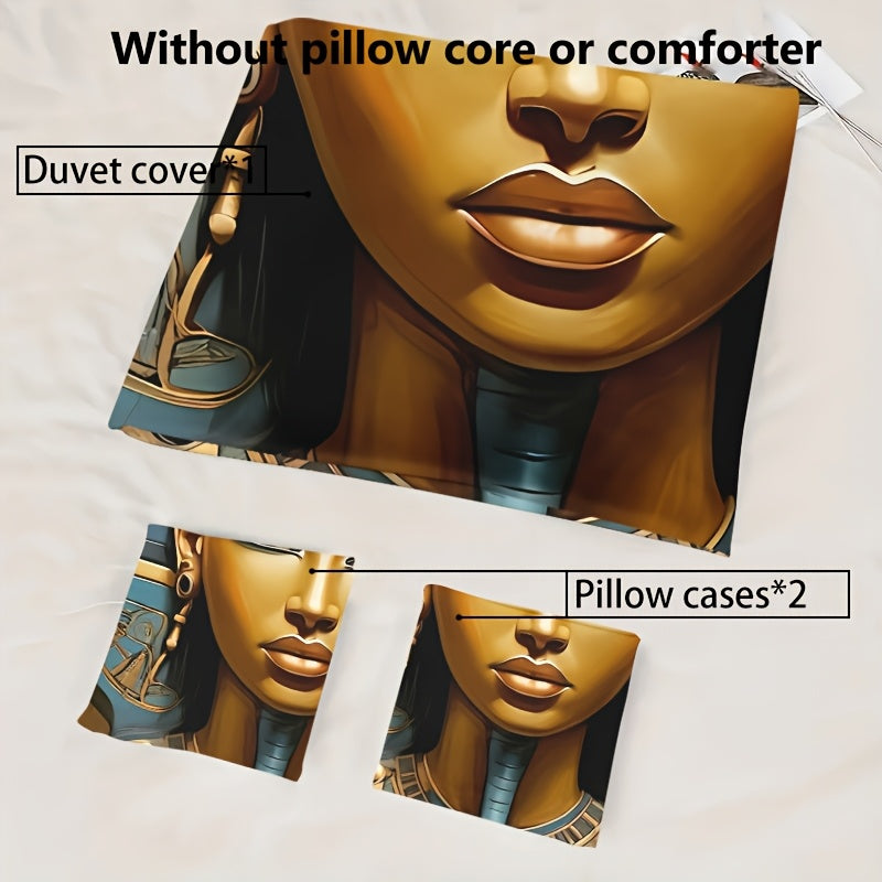 Pharaoh Theme Duvet Cover Set - Soft High-Definition Digital Print, Egyptian Style Golden And Blue, All-Season, Soft Breathable 100% Polyester, Perfect Gift For Family And Friends, Machine Washable, Includes 1 Duvet Cover + 2