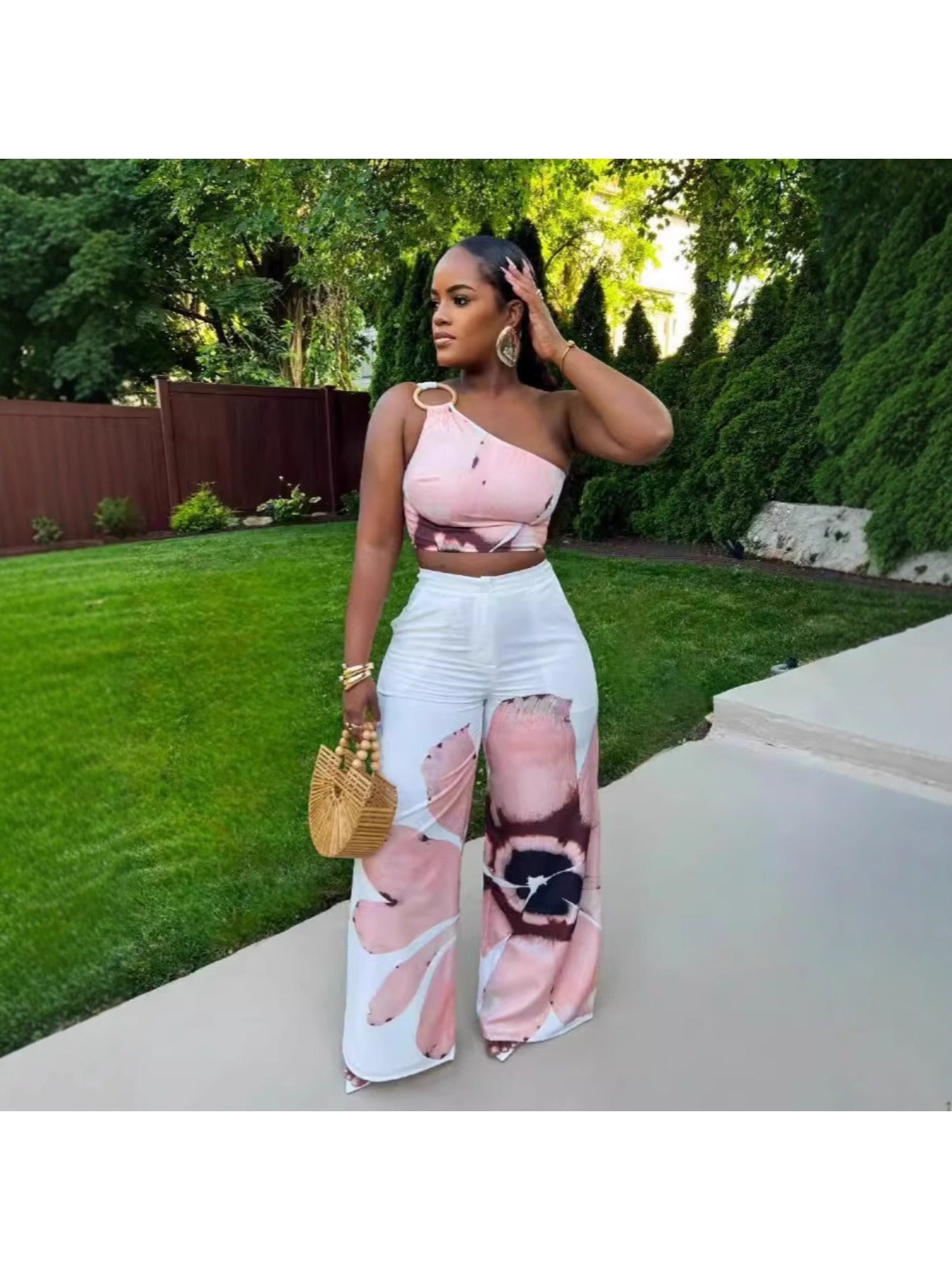 D9738 Women'S Y2K Fashion Floral Print One-Shoulder Slim Fit Wide-Leg Pants Two-Piece Set - Sexy Spring/Fall Outfit, Spring Fashion|Sleek Shoulder Design|Polyester Fabric