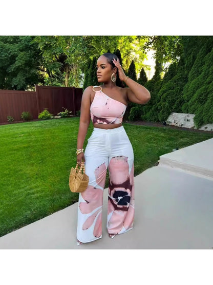 D9738 Women'S Y2K Fashion Floral Print One-Shoulder Slim Fit Wide-Leg Pants Two-Piece Set - Sexy Spring/Fall Outfit, Spring Fashion|Sleek Shoulder Design|Polyester Fabric