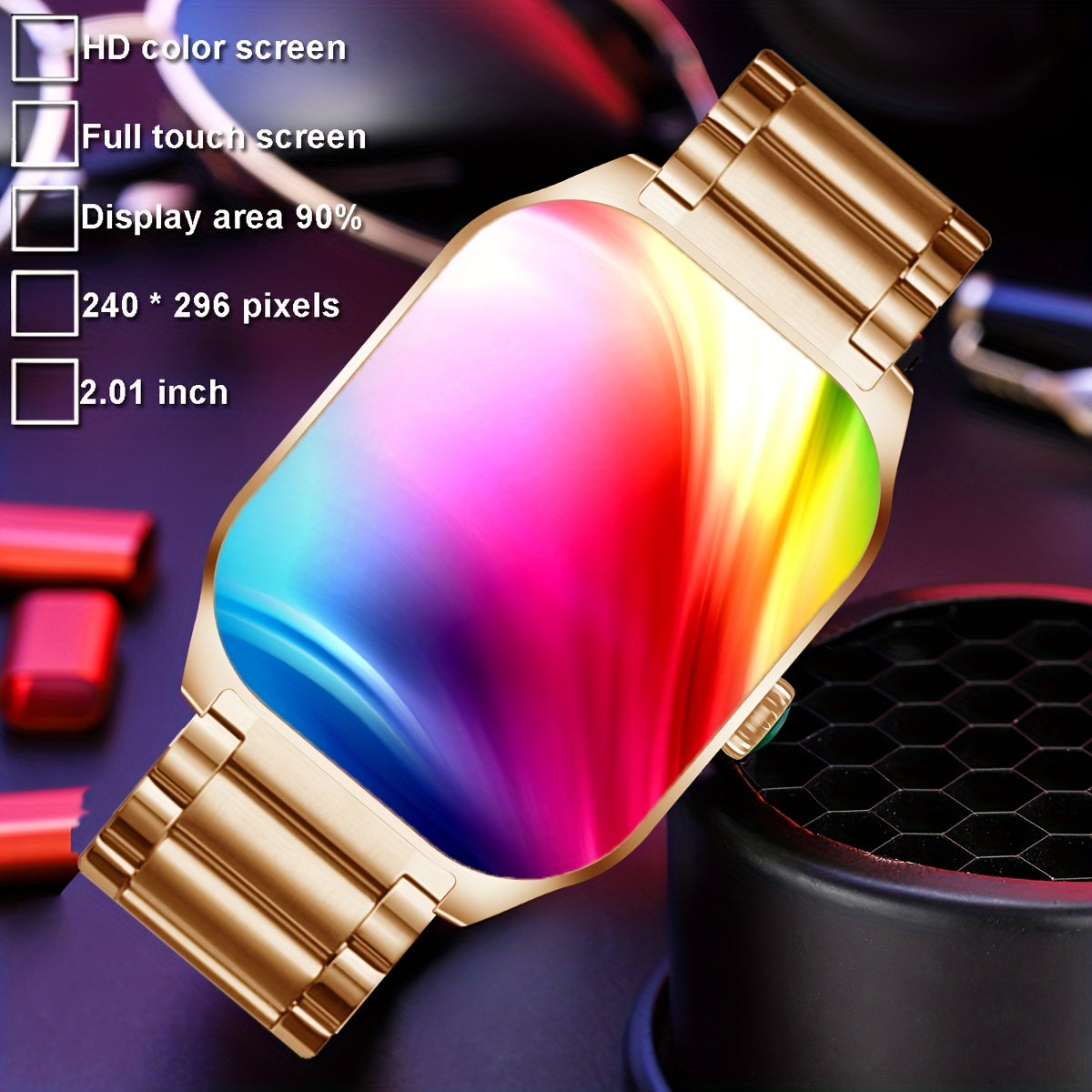 1pc Coiusor Smart Watch for Men & Women - Elegant Golden-Tone Stainless Steel, 2.01" HD Display, Wireless Calls, USB Rechargeable, Wireless 5.2, Sports Modes, Pedometer, Message Notifications, Compatible with iPhone/Android