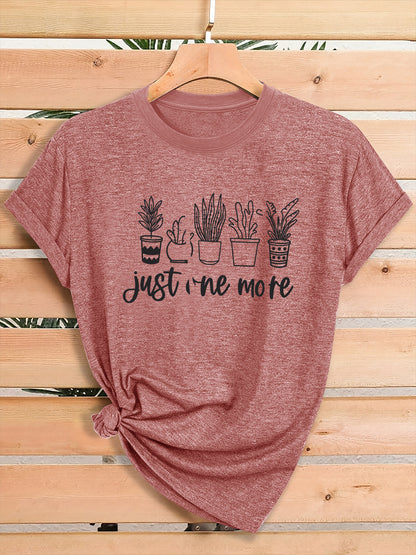 Women'S Green Plant Print T-Shirt with "Just One More" Slogan & Cactus/Succulent Design - Breathable Round Neck Casual Streetwear Top for Gym, Casual Attire, All-Season Comfort - Funny Botanical Graphic Tee for Plant Lovers,